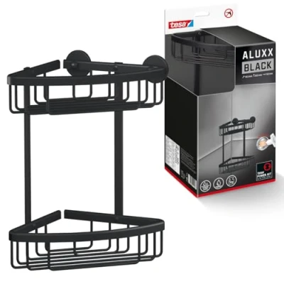 Imagen de tesa ALUXX BLACK Cesta Rinconera de Ducha, Negro Mate Dos Niveles Baños Modernos y con Estilo Industrial Montaje Adhesivo sin Taladrar 262 mm x 163