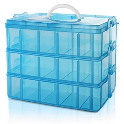 Imagen de BELLE VOUS Caja Almacenamiento Plastico Azul 3 Niveles Ranuras de Compartimentos Ajustables Organizadora Transparente Máximo 30 Guardar Juguetes Joyas, Cuentas