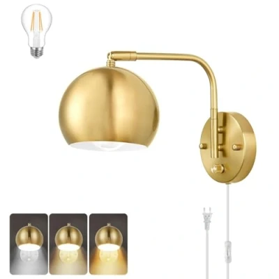 Imagen de Apliques de Pared Interior Regulable con Interruptor, E27 Ajustable Lámpara Cabecera Metal Dorado Enchufe y Cable Retro Lectura para Salón, Dormitorio,1pack
