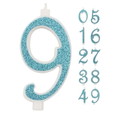 Imagen de IDEGOS Vela grande de 10 cm, velas cumpleaños número 9, 3D azul con purpurina, decoración pastel cumpleaños, boda (BLEU, 9)