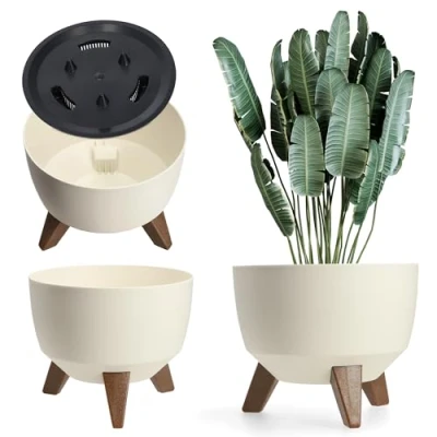 Imagen de KADAX Maceta Decorativa de Plástico con Soporte Integrado, Macetero Tres Patas Imitación Madera para Interior y Exterior (Crema, 24 cm)