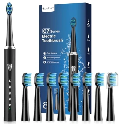 Imagen de Cepillos de Dientes Electricos Sónico Adultos con 8 Cabezal Cepillo Electrico Estuche Viaje, 5 Modos y IPX7, Eléctricos Ultrasónicos para Mujer Hombres, Negro Oscuro