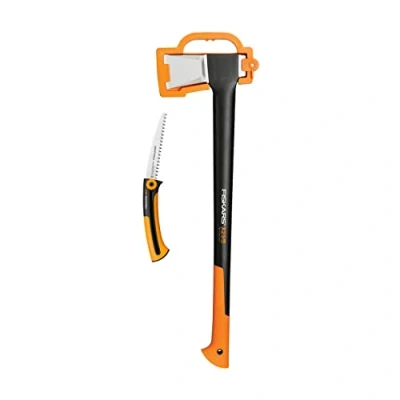 Imagen de Fiskars Set de herramientas, Hacha corte, Incl. protector hoja, Acero/plástico, y sierra mano para madera fresca, Retráctil, Hoja acero inoxidable, Negro/Naranja, 1025437