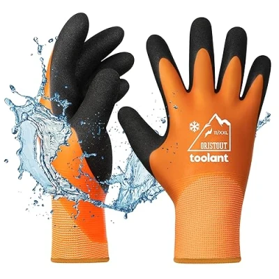Imagen de OriStout guantes de trabajo invierno para hombres y mujeres, pesca impermeables clima frío, congelador con aislamiento térmico, súper agarre, naranja, talla XXL