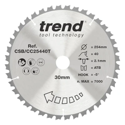 Imagen de Trend CraftPro TCT Hoja de sierra ingletadora corte transversal con gancho negativo, 254 mm diámetro, 30 40 dientes, 2,5 mm, 5, CSB/CC25440T