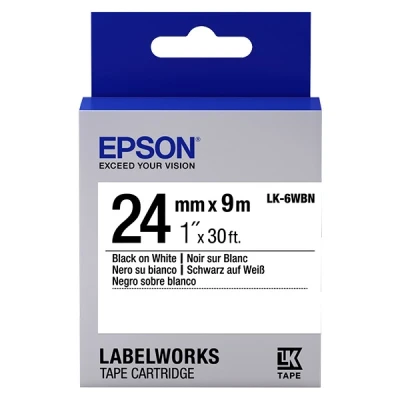 Imagen de Epson Cinta estándar LK 6WBN negra/blanca 24/9 Cintas para impresoras de etiquetas (Negro sobre blanco, LabelWorks LW 1000P 600P 700 900P, Ampolla, 2,4 cm, 9 m)