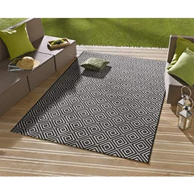 Imagen de NORTHRUGS alfombra para interior y exterior a cuadros, 160 x 230 cm, resistente la intemperie, diseño geométrico moderno, balcón, terraza, jardín, jardín de invierno, al agua, en color negro