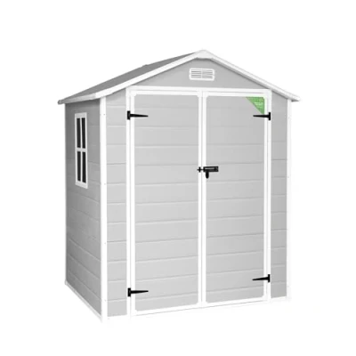 Imagen de Wasabi Caseta Jardín Resina Aqua 2.6 Ventana Luz Natural Suelo Incluido Paneles 12mm Espesor Gris Blanco Armario PVC Exterior 2,39m2 Techo Dos Aguas