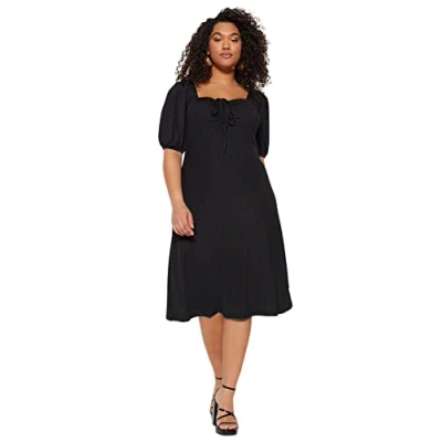 Imagen de Trendyol A Line Slim Fit Knit Plus Size Dress Vestido de Punto Acampanado para Mujer, Ajuste Relajado, Talla Grande, Negro, 4XL