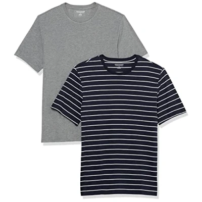 Imagen de Amazon Essentials Camiseta de Manga Corta, Cuello Redondo y Corte Ajustado Hombre, Pack 2, Azul Marino Rayas/Gris Mezcla, XS