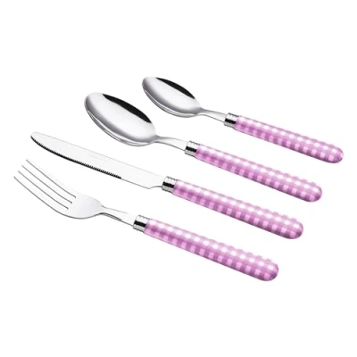 Imagen de EXZACT Cuberterías 24 Piezas Patrón a Cuadros/Gingham Cubiertos Acero Inoxidable con manecillas de Color 6 x Tenedores, Cuchillos, Cucharas, Cucharaditas (Morado 24)