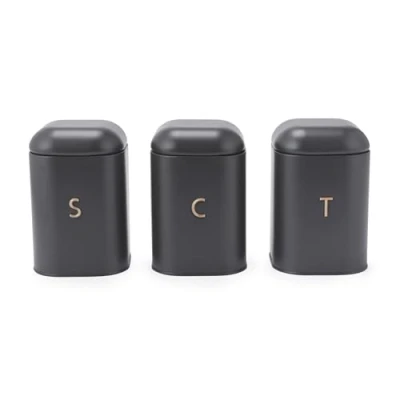 Imagen de Salter BW13729EU7 Pebble juego de botes azúcar té y café Cajas almacenamiento encimera, contenedores encimera cocina, latas etiquetadas acero al carbono, gris/oro