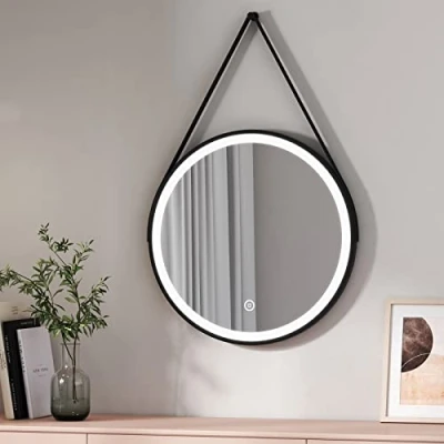 Imagen de EMKE Espejo de Baño con iluminación, LED Redondo F60cm Interruptor Táctil Luz Blanca 6500K Marco Negro