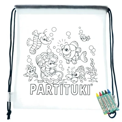 Imagen de Partituki Detalles para Niños 20 Mochilas Colorear y Sets de 5 Ceras Colores. Fiestas Infantiles. Con Certificado CE no Toxicidad