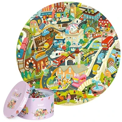 Imagen de boppi puzle Circular de la Ciudad Hecho cartón 100% Reciclado, Animales, vehículos, Edificios y Gente, para niños 3, 4, 5, 6, 7 8 años, 58 cm diámetro