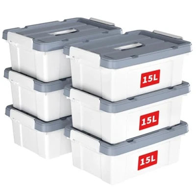 Imagen de Cetomo 15L*6 Caja de Almacenamiento con Asa, Plástico Tapa y Cierre Seguro, Contenedor Almacenamiento, Duradera, Apilable, Resistentes, Blanco, Paquete 6 15L