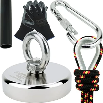 Imagen de Kit SENSEI 250 kg, Imán de Neodimio N52 con Gancho, Ø7,5 x H1,8 cm, Cuerda Vela 25 m, Guantes Protección + Accesorios, Set Exploración y Pesca
