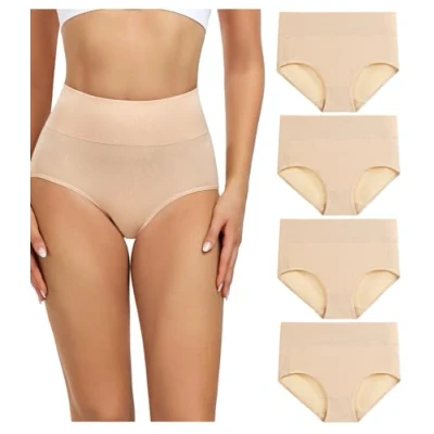 Imagen de wirarpa Bragas Culotte Algodón para Mujer Braguitas de Talle Alto Calzoncillos Suave Ropa Interior Beige Pack 4, Talla L