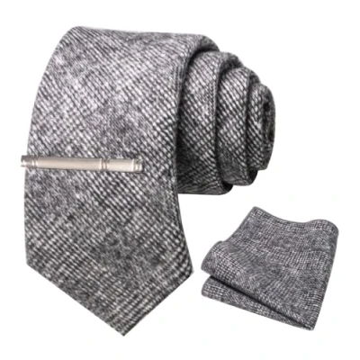 Imagen de JEMYGINS Conjunto de Corbata Lana Cachemira y Pañuelo con Pinza para Hombre Negro blanco a rayas