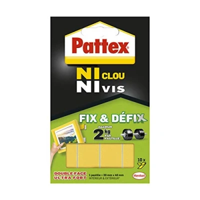 Imagen de Pattex Ni Clou Vis Fix &amp; Défix (10 pastilles de 20 x 40 mm) Adhésif blanc surpuissant double face démontable, fixe les objets solidement et durablement