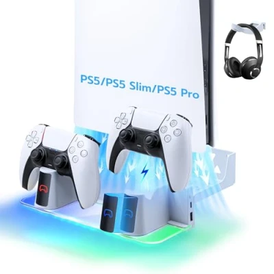 Imagen de Mcbazel Soporte de Pared RGB para consola juegos PS5 Slim/PS5 Pro/PS5 Estación Carga Dual Controladores Montada en la con LED Playstation 5/PS5 Slim Digital/Disc/PS5 Pro Blanco