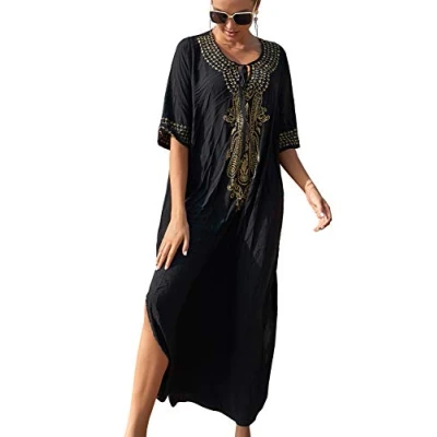 Imagen de YouKD algodón Bordado Floral Suelto Kaftan Boho Bikini de Playa para Cubrir Vestido camisón Talla Grande Mujer