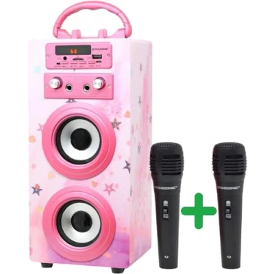 Imagen de Máquina de Karaoke Portátil DYNASONIC, 2 Micrófonos, Altavoz Bluetooth, Luces, Lector USB y SD (025 15)