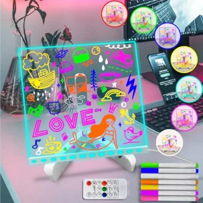 Imagen de Fanrui pizarra de borrado en seco para niños, 7 colores cambiantes, blanca acrílico brillante LED con control remoto, tablero dibujo transparente notas escritorio regulador y