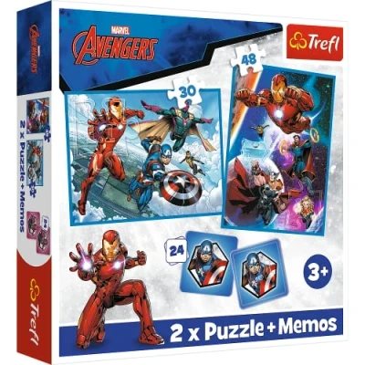 Imagen de Trefl 3en1: 2X Juego de Memoria, Superhéroes, 30 y 48 Piezas, Grado Dificultad, 24 Memos, Diversión para Niños a Partir 3 Años Puzzle, Color Marvel The Avengers, héroes en acción (93333)