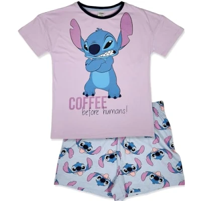 Imagen de Disney Lilo &amp; Stitch Conjunto de pijama corto para mujer, 100 % algodón peinado, &quot;Café corto&quot;, 8 10