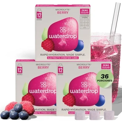 Imagen de waterdrop® Microlyte BERRY, 4 Electrolitos, 9 Vitaminas + Zinc, Bebida con Electrolítos sin Azúcar, 36 Porciones Polvo para Hidratación Rápida, Deportiva Vegana calorías, Keto Low Carb