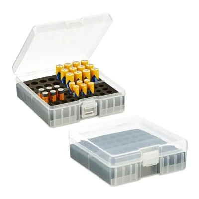 Imagen de Relaxdays Organizadores para Pilas en Set de 2, 60 Baterías AA y AAA, 5,5 x 15 15,5 cm, Transparente Negro