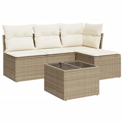 Imagen de vidaXL Juego de Sofás Jardín con Cojines 5 pzas, Asientos Exterior, Modulares, Muebles para Terraza Balcón, Ratán Sintético Beige