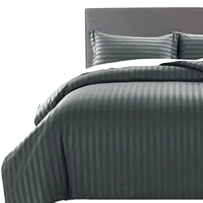 Imagen de MOONLIGHT20015 juego de funda edredón tamaño Super King, ropa cama satén a rayas calidad hotel con 2 fundas almohada, suaves y transpirables (gris oscuro, King)