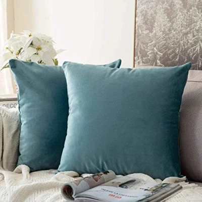 Imagen de MIULEE Funda Cojines de Terciopelo para Sofa Almohada Cama Silla Color Solido Cremallera Oculta Decoración Salon Sala Estar Dormitorio Habitacion 2 Piezas 45x45cm Agua Verde