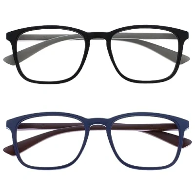 Imagen de OPULIZE Max Gafas de Lectura Pack 2 Marco Rectangular Clásico Grande Negro Mate Azul Unisex Hombres Mujeres Bisagras Resorte RR78 13 +2.50