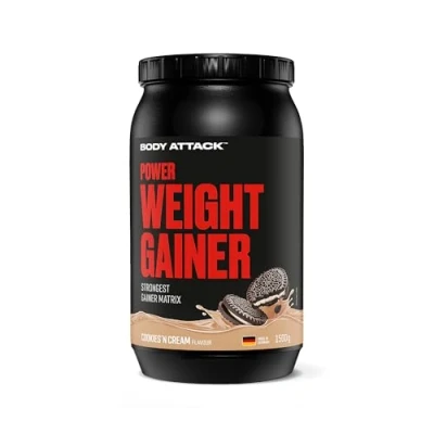 Imagen de Body Attack Power Weight Gainer (aumento de peso), galletas y crema, 1,5 kg, 100% desarollo masa, carbohidrato proteína en polvo para el aumento muscular con suero, ideal Hardgainer