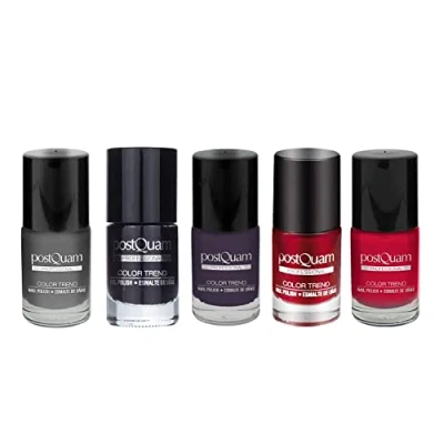 Imagen de PostQuam Color Trend Esmaltes de Uñas Normales Set Pintauñas Rojos Infalibles y Oscuros Purple Diamonds, Rouge, Total Red, Mulberry, Black Night Esmalte Secado Rapido
