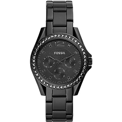 Imagen de Fossil Riley Reloj para mujer, movimiento cronógrafo con correa de acero o piel, Negro y purpurina, 38MM