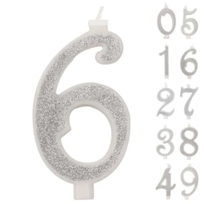 Imagen de Vela grande de 10 cm, número cumpleaños 6,3D plata con lentejuelas,decoración pastel cumpleaños,Velas boda
