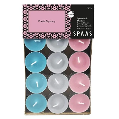 Imagen de Spaas Scented Tealights Assorted Colours, ± 4.5 Hours Mystery 30 Velas perfumadas de Colores Surtidos, 4,5 Horas, Misterio poético, Cera parafina, Taza Aluminio, Rosa Rubor