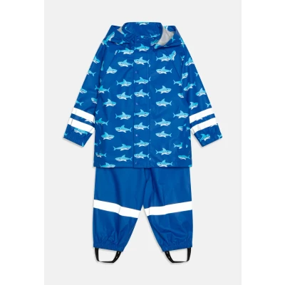 Imagen de Playshoes Regenanzug HAI Allover SET Pantalones impermeables para niños, Talla: 80, Blau