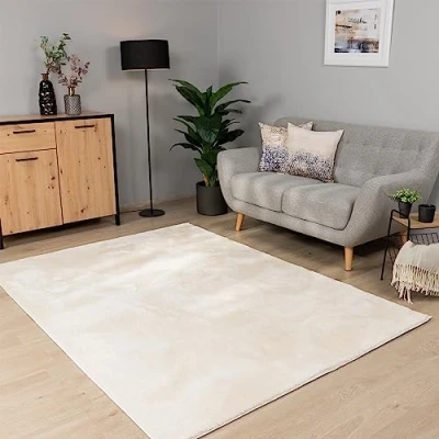 Imagen de Paco Home Alfombra Salon De Habitacion Pelo Corto Se Puede Lavar En La Lavadora Lisa Suave, Tamaño:160x220 cm, Color:Crema