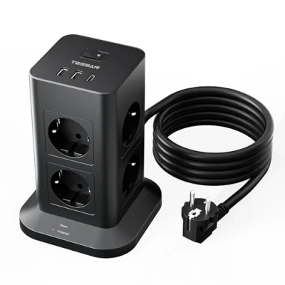 Imagen de TESSAN Regleta Enchufe con 2 USB A y 1 C, Regletas Enchufes Proteccion Sobretension 8 Tomas, Torre Vertical Interruptor, Cable 2M, 3600W, Negro