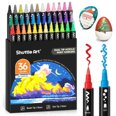 Imagen de Shuttle Art 36 Colores Rotuladores Acrilicos Doble Punta, Permanentes Punta Pincel y Punto, Acrylic Markers para Pintar Piedras, Madera, Lienzo, Plástico, Caligrafía, DIY