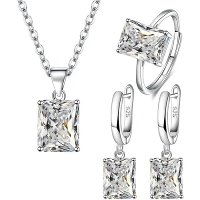 Imagen de FDEETY Juegos de Joyas Diamantes Imitación Colgante Collar Pendientes Anillo Conjuntos la Boda del Partido Mujer (Blanco)
