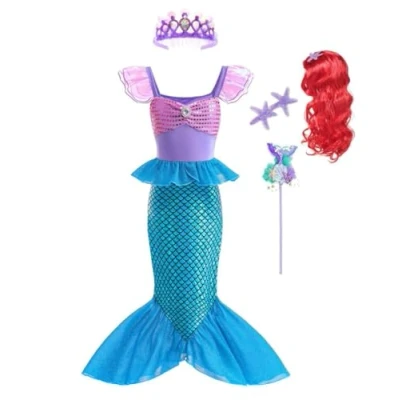 Imagen de Lito Angels Disfraz Vestido Sirenita Princesa Ariel Sirena con Corona y Peluca para Niñas Talla 7 8 años, Azul Morado (Número de Etiqueta 140)