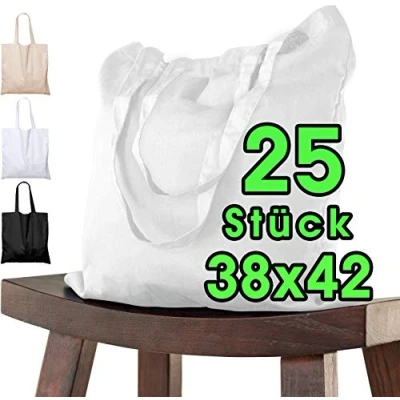 Imagen de ELES VIDA bolsa de algodón 38x42 cm 25 piezas sin imprimir, dos asas largas con certificación OEKO TEX® tela, transporte, algodón, compras, yute, Blanco