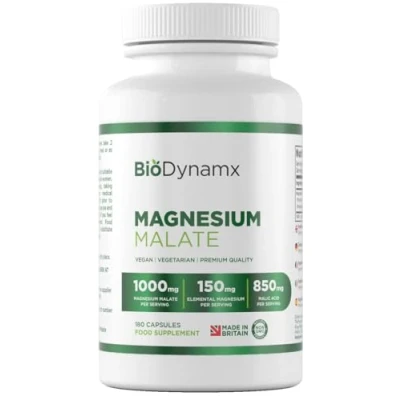 Imagen de BioDynamx Malato de Magnesio 180 Cápsulas 1000 mg por Porción Suplementos Alta Potencia Sin OGM, Gluten ni Alérgenos Hecho en el RU