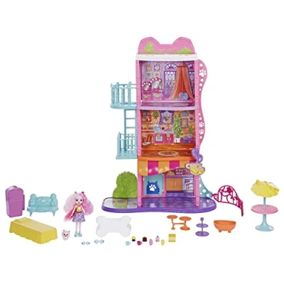 Imagen de Enchantimals City Tails Apartamento de Palmer Pomeranian y Pommy Casa muñecas 3 pisos con figura, mascota perrito, muebles accesorios, juguete regalo +4 años (Mattel HHC18)